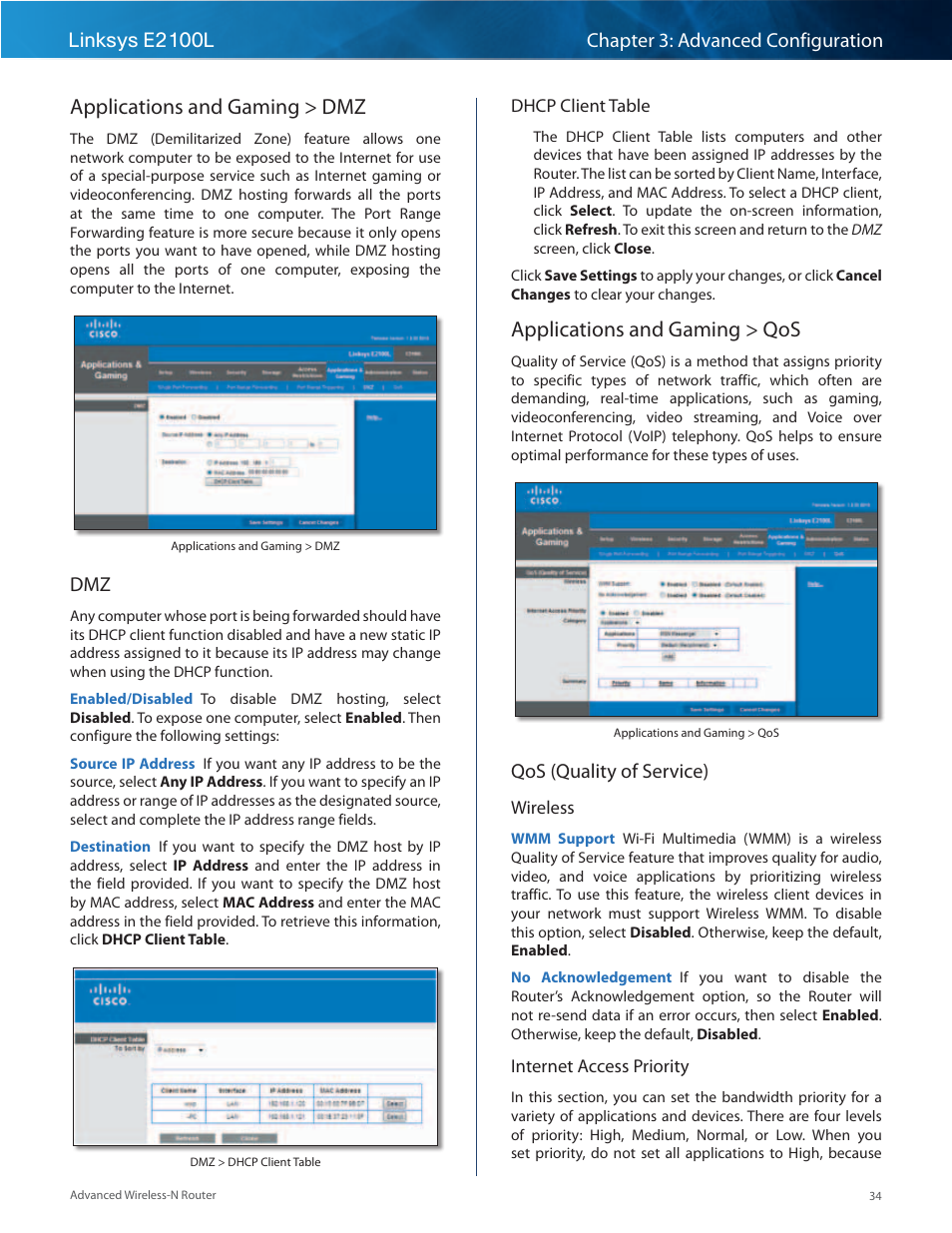 Applications and gaming > dmz, Applications and gaming > qos, Qos (quality of service) | Linksys E2100L User Manual | Page 37 / 78