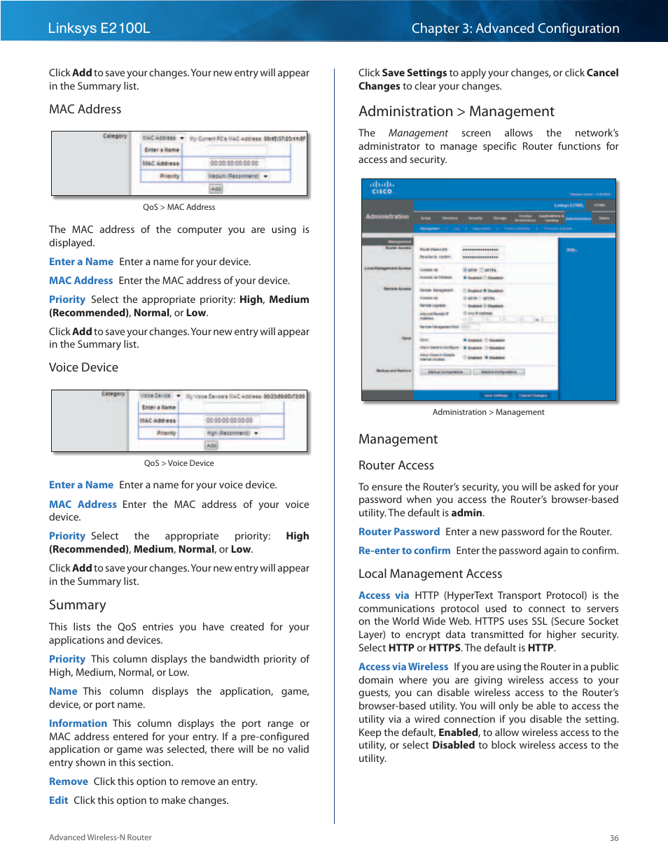 Administration > management, Summary, Management | Linksys E2100L User Manual | Page 39 / 78
