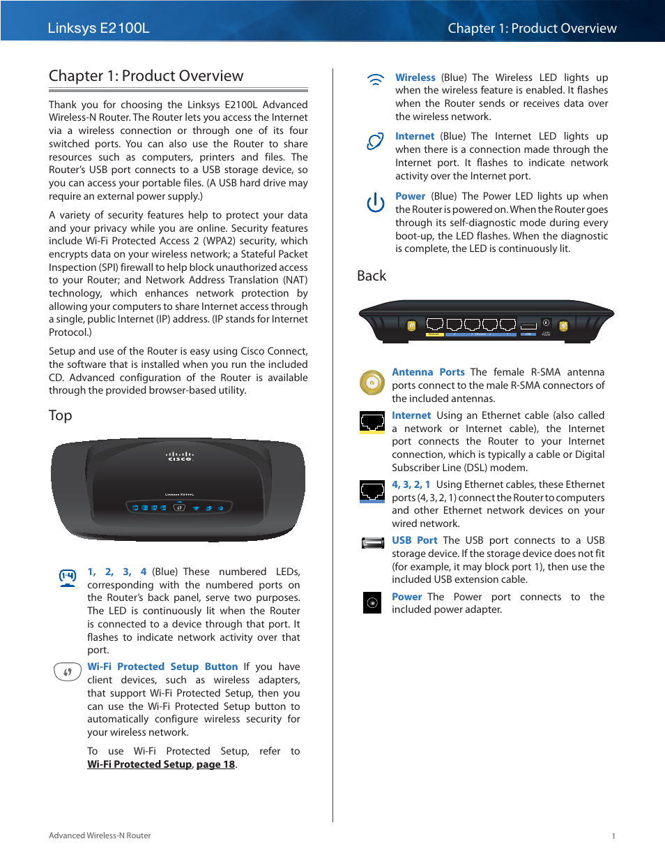 Chapter 1: product overview, Back, Top back | Linksys E2100L User Manual | Page 4 / 78