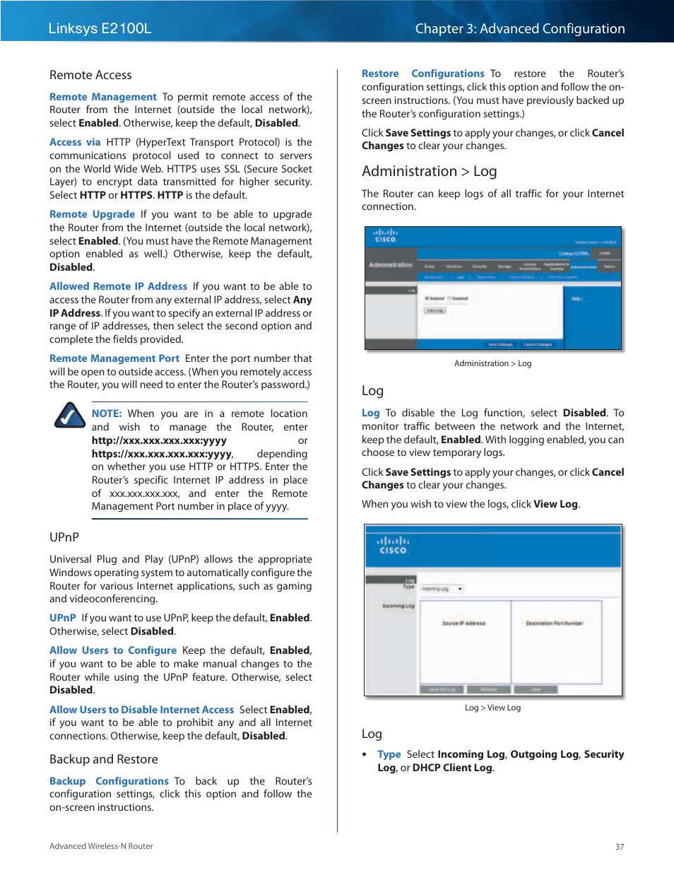 Administration > log | Linksys E2100L User Manual | Page 40 / 78