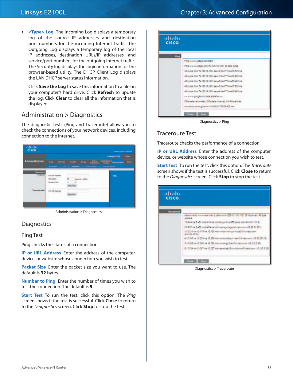 Administration > diagnostics, Diagnostics, Traceroute test | Linksys E2100L User Manual | Page 41 / 78
