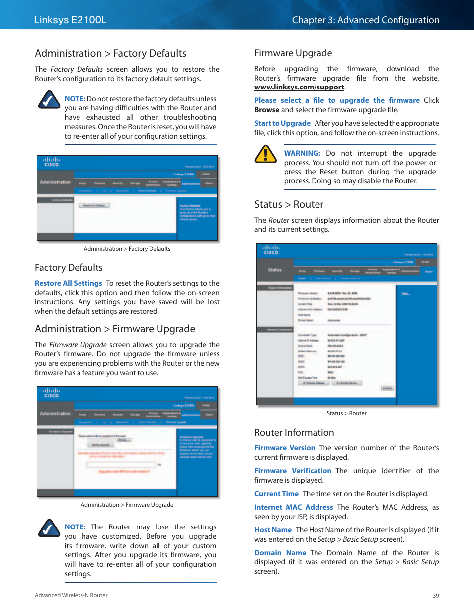 Administration > factory defaults, Administration > firmware upgrade, Status > router | Factory defaults, Firmware upgrade, Router information | Linksys E2100L User Manual | Page 42 / 78