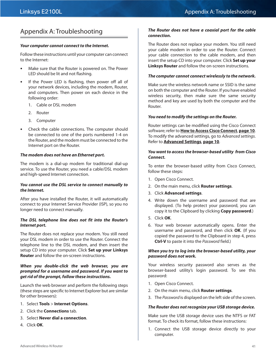Appendix a: troubleshooting, Linksys e2100l appendix a: troubleshooting | Linksys E2100L User Manual | Page 44 / 78