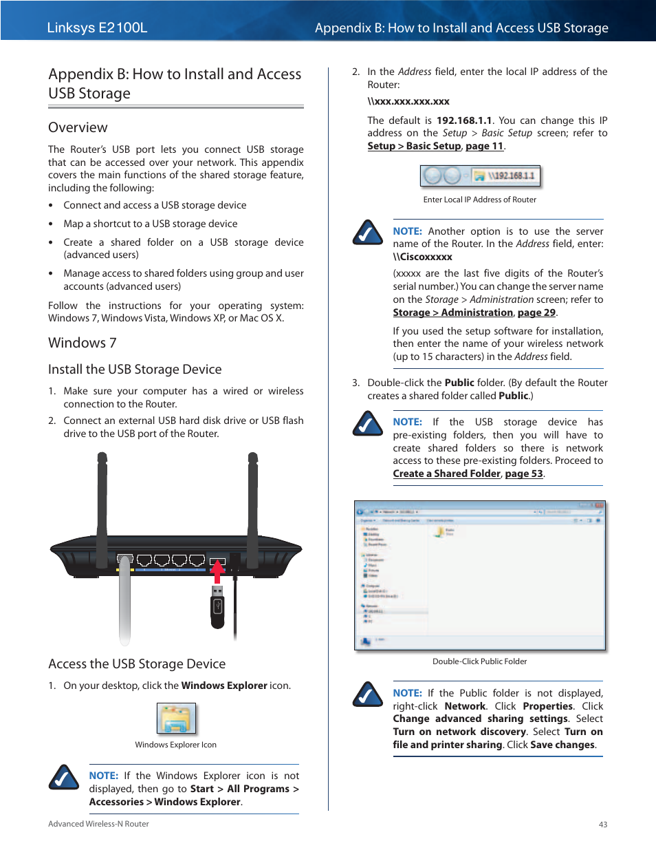 Appendix b: how to install and access usb storage, Overview, Windows 7 | Overview windows 7, Install the usb storage device, Access the usb storage device | Linksys E2100L User Manual | Page 46 / 78