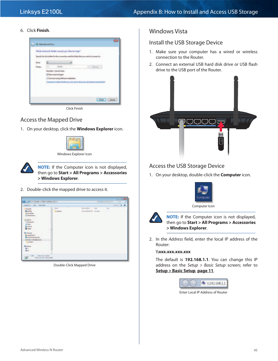 Windows vista, Access the mapped drive, Install the usb storage device | Access the usb storage device | Linksys E2100L User Manual | Page 48 / 78