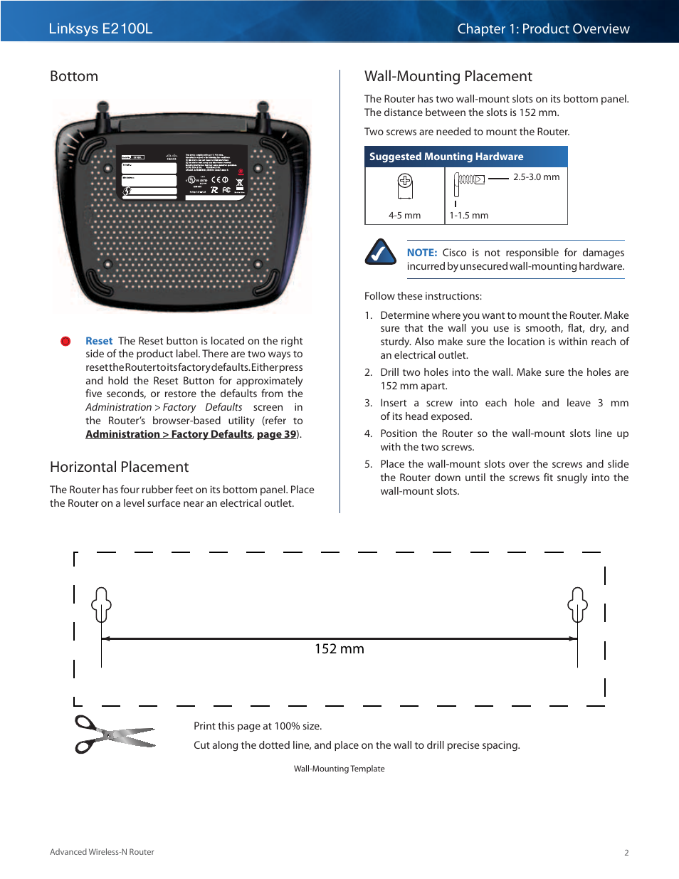 Bottom, Horizontal placement, Wall-mounting placement | 152 mm | Linksys E2100L User Manual | Page 5 / 78