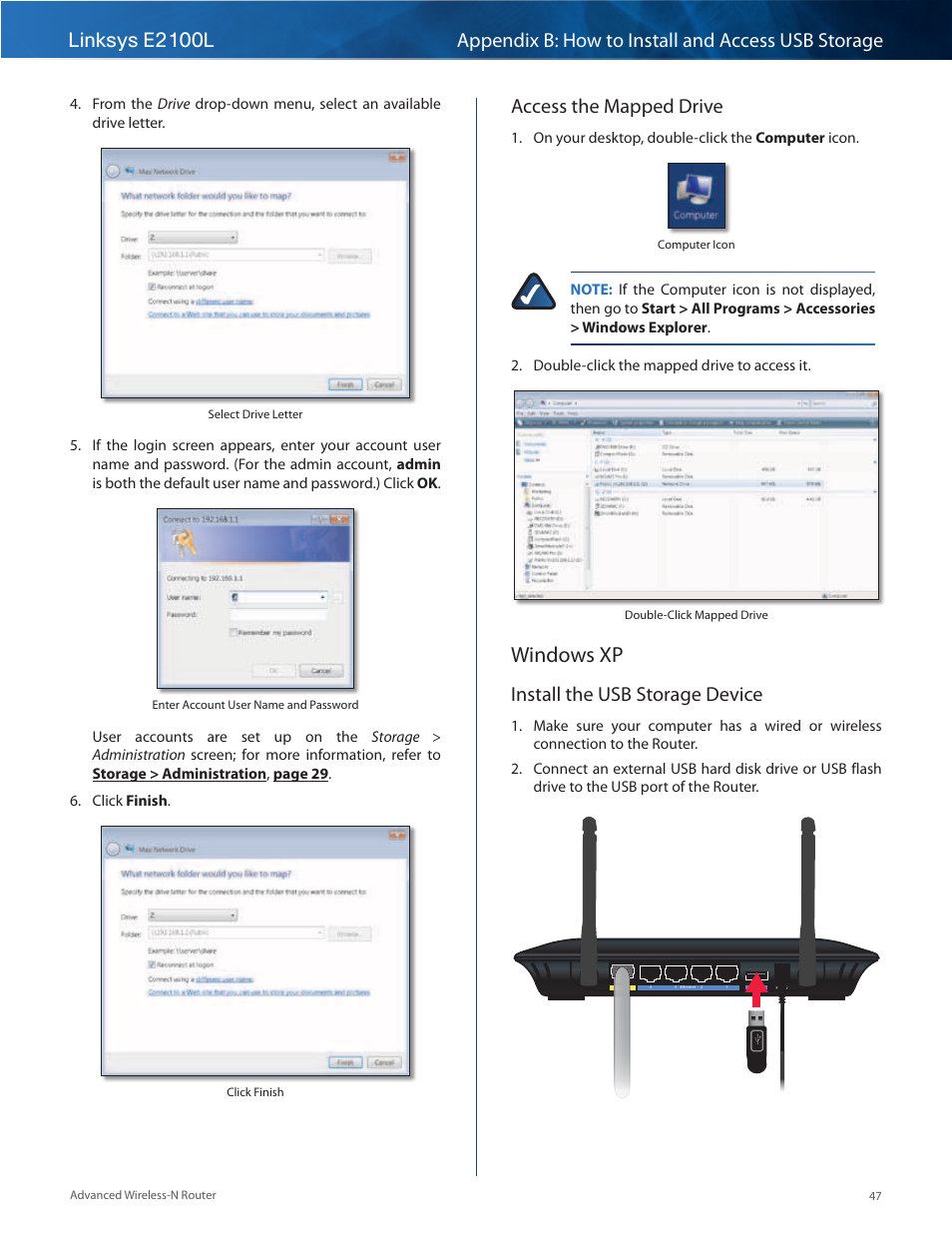 Windows xp, Access the mapped drive, Install the usb storage device | Linksys E2100L User Manual | Page 50 / 78