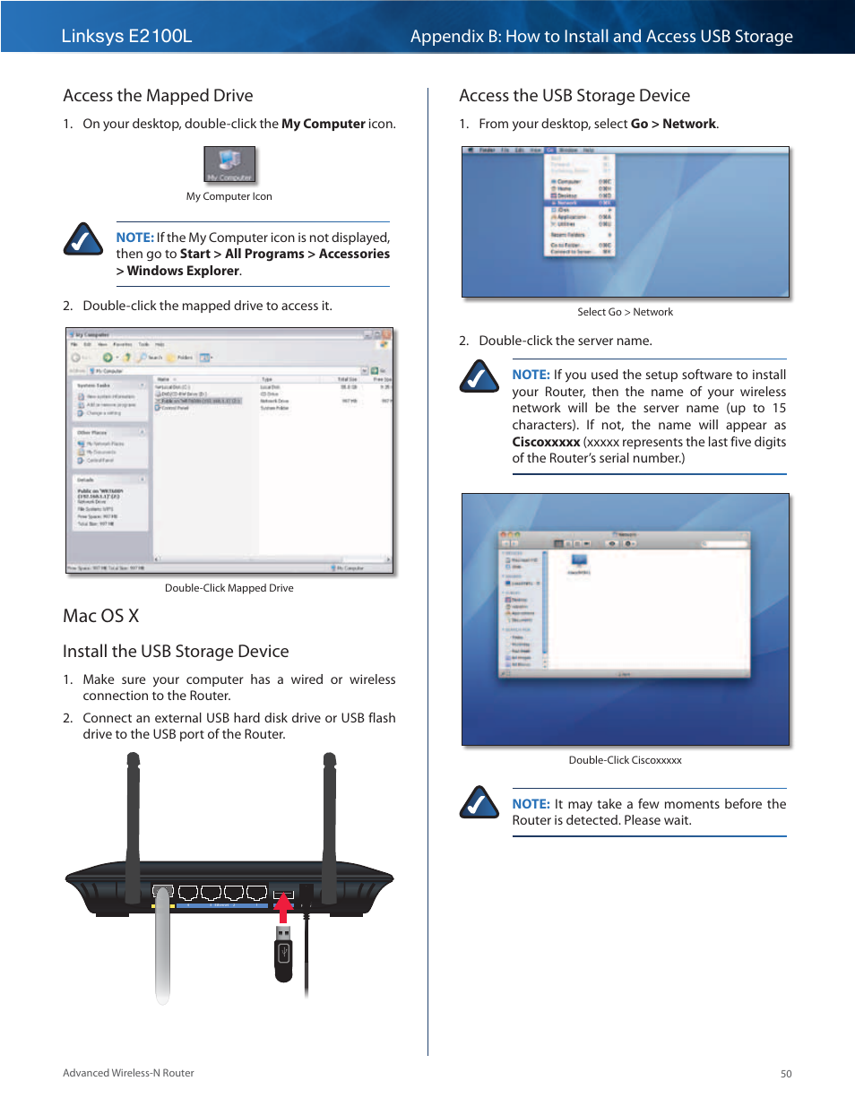 Mac os x, Access the mapped drive, Install the usb storage device | Access the usb storage device | Linksys E2100L User Manual | Page 53 / 78