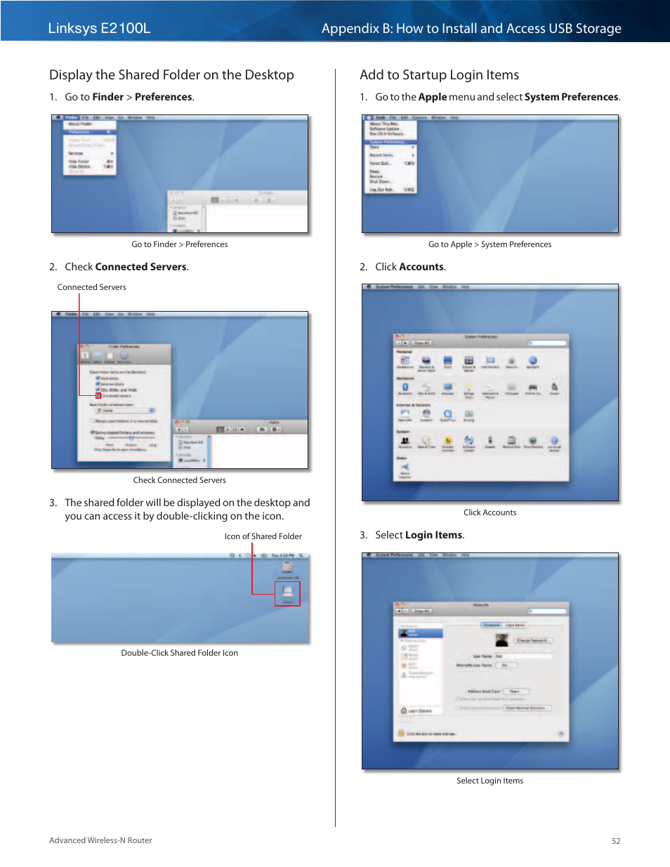 Display the shared folder on the desktop, Add to startup login items | Linksys E2100L User Manual | Page 55 / 78