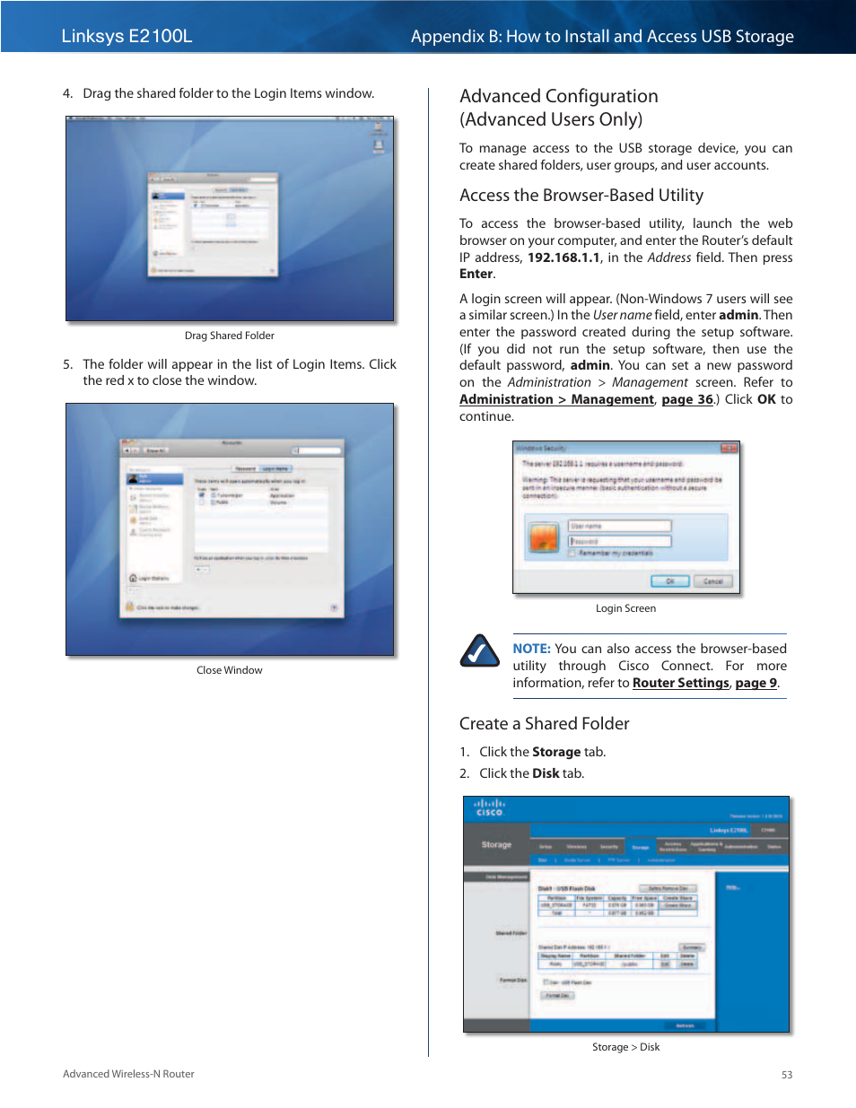 Advanced configuration (advanced users only), Access the browser-based utility, Create a shared folder | Linksys E2100L User Manual | Page 56 / 78