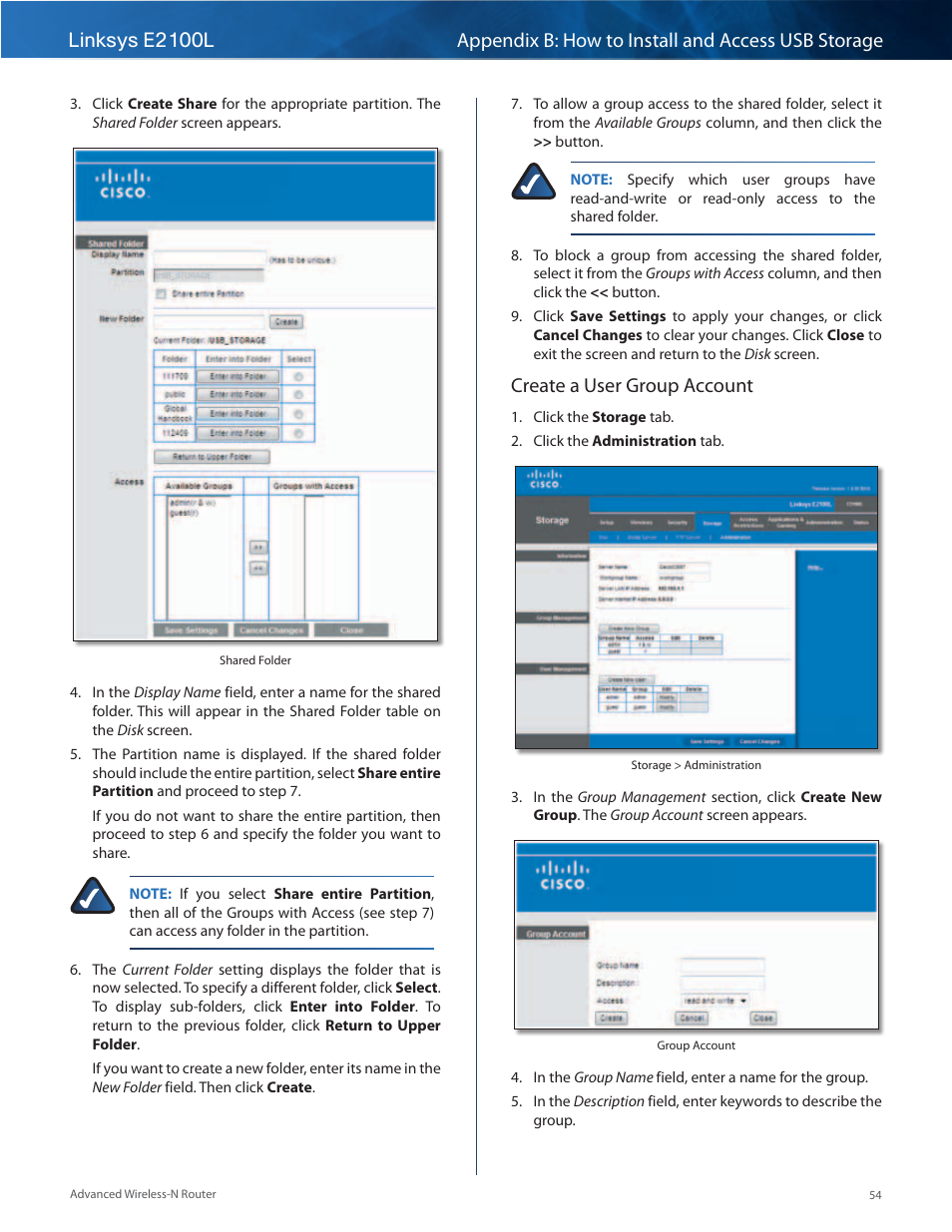 Create a user group account | Linksys E2100L User Manual | Page 57 / 78