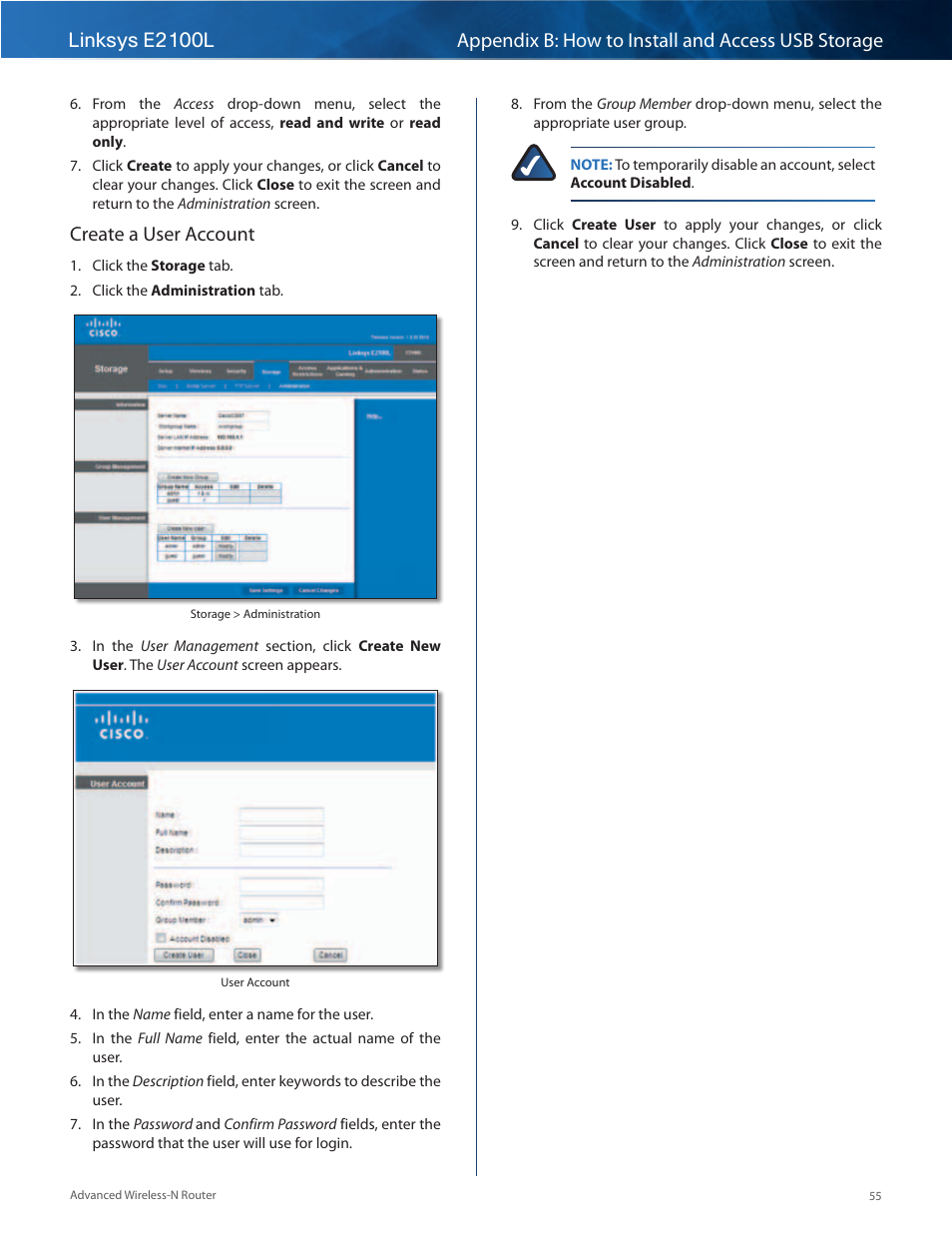 Create a user account | Linksys E2100L User Manual | Page 58 / 78