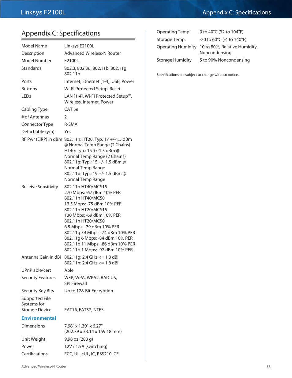 Appendix c: specifications, Linksys e2100l appendix c: specifications | Linksys E2100L User Manual | Page 59 / 78