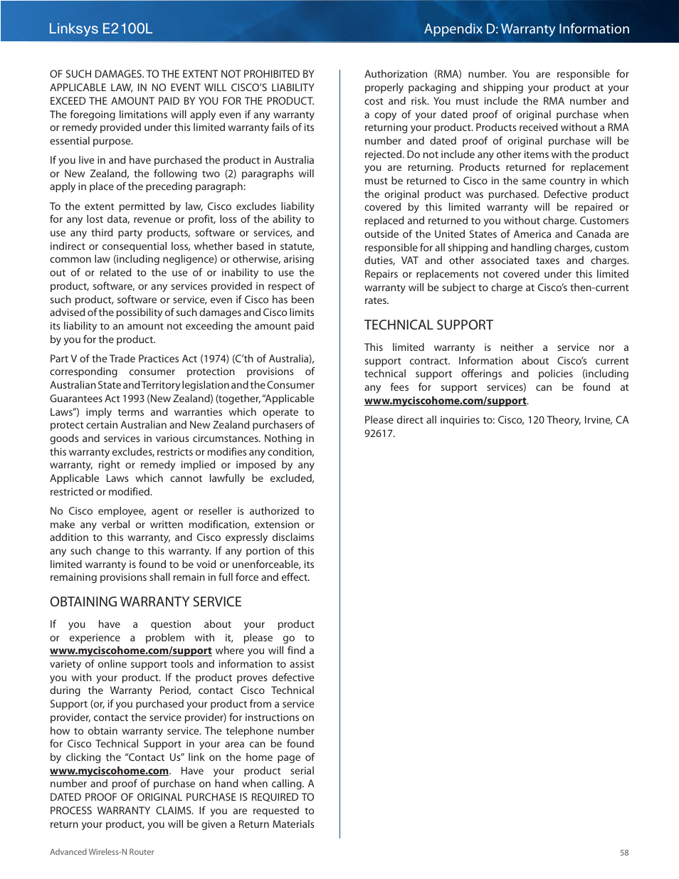 Linksys e2100l appendix d: warranty information, Obtaining warranty service, Technical support | Linksys E2100L User Manual | Page 61 / 78
