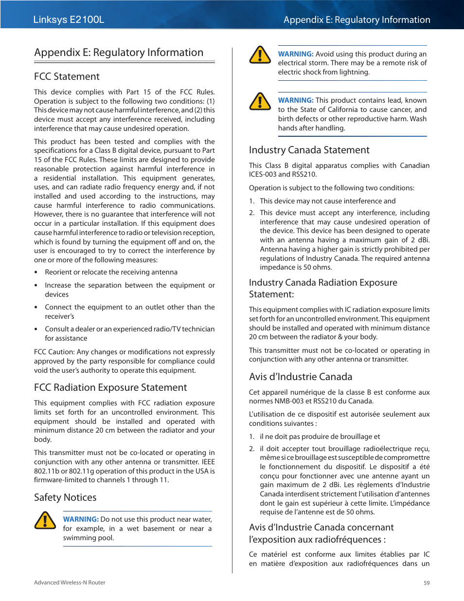 Appendix e: regulatory information, Fcc statement, Fcc radiation exposure statement | Safety notices, Industry canada statement, Avis d’industrie canada, Linksys e2100l appendix e: regulatory information, Industry canada radiation exposure statement | Linksys E2100L User Manual | Page 62 / 78