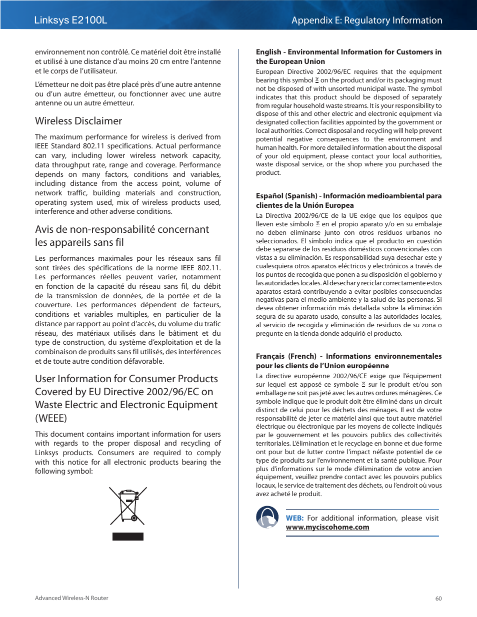 Wireless disclaimer, Linksys e2100l appendix e: regulatory information | Linksys E2100L User Manual | Page 63 / 78