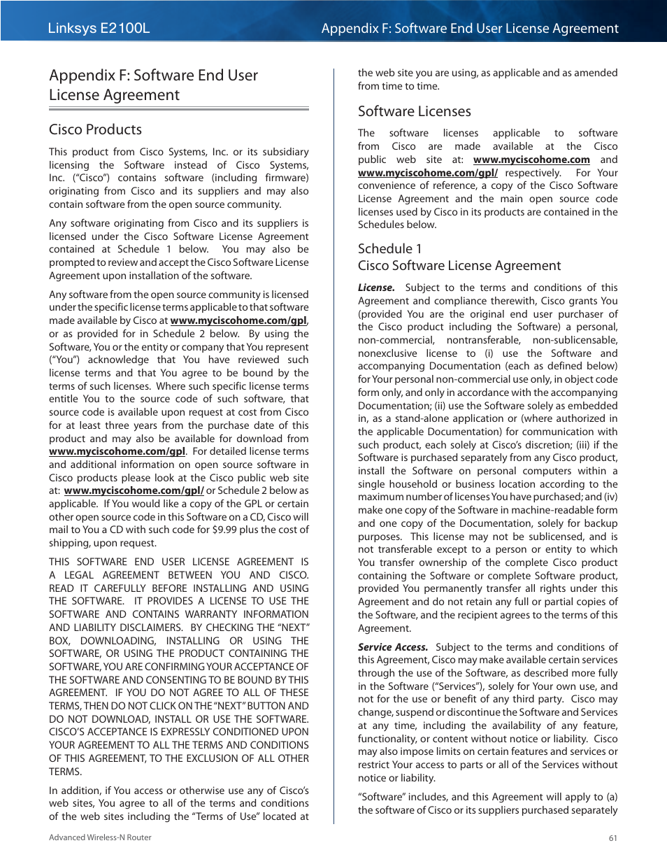 Appendix f: software end user license agreement, Cisco products, Software licenses | Cisco products software licenses | Linksys E2100L User Manual | Page 64 / 78