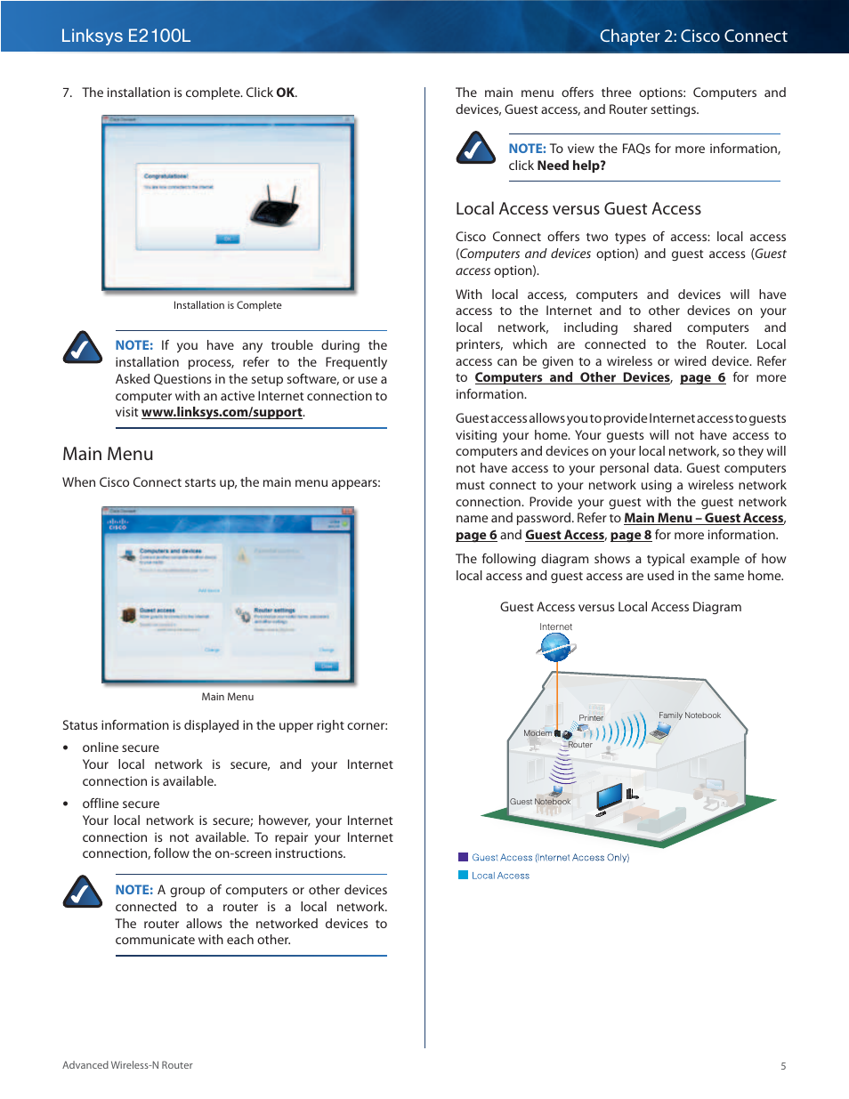 Main menu, Local access versus guest access | Linksys E2100L User Manual | Page 8 / 78
