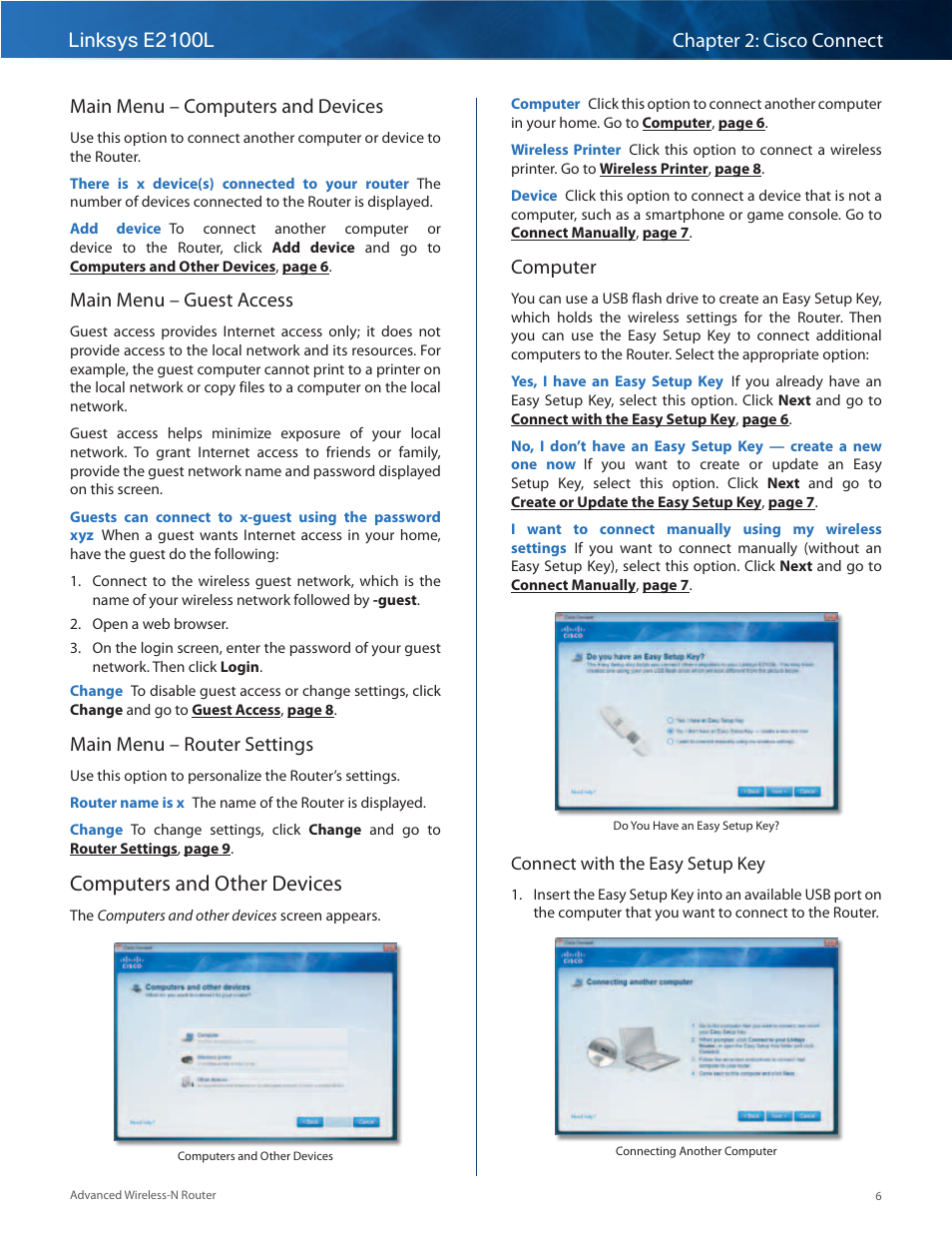 Computers and other devices, Main menu – computers and devices, Main menu – guest access | Main menu – router settings, Computer | Linksys E2100L User Manual | Page 9 / 78