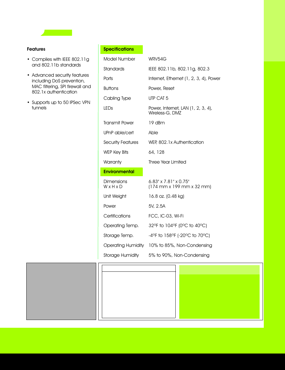 Wireless- g, Vpn broadband router, Product data | Wrv54g | Linksys WRV54G User Manual | Page 2 / 2