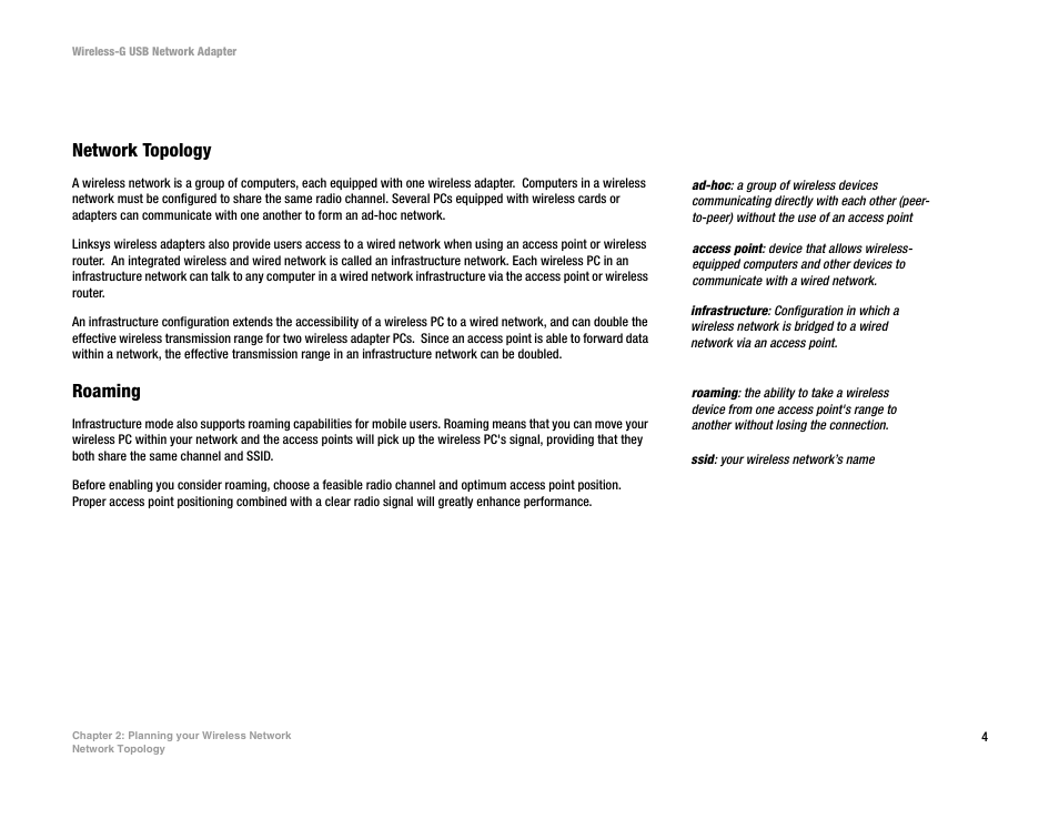 Chapter 2: planning your wireless network, Network topology, Roaming | Linksys WUSB54G User Manual | Page 11 / 76