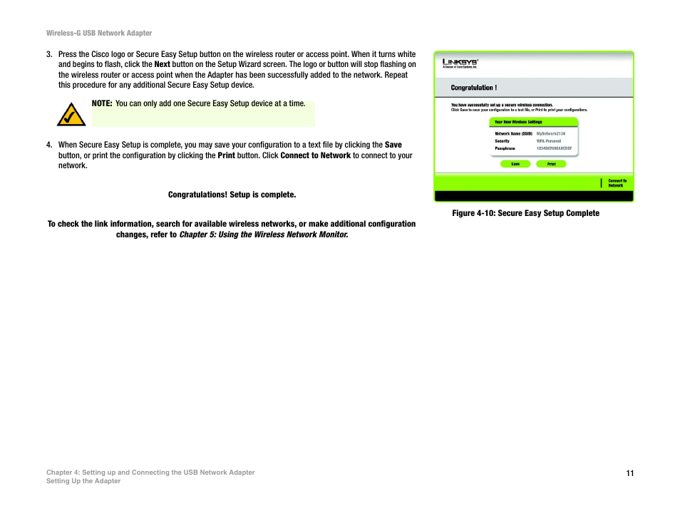 Figure 4-10: secure easy setup complete | Linksys WUSB54G User Manual | Page 18 / 76