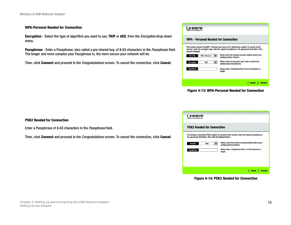 Figure 4-13: wpa-personal needed for connection, Figure 4-14: psk2 needed for connection | Linksys WUSB54G User Manual | Page 20 / 76
