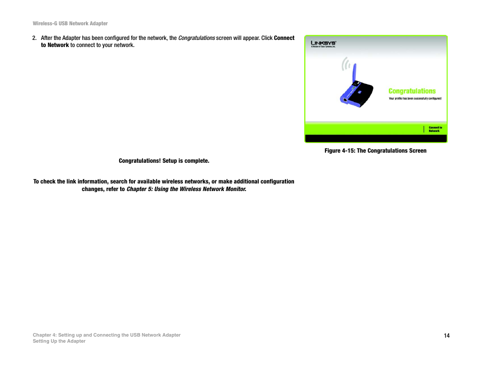 Figure 4-15: the congratulations screen | Linksys WUSB54G User Manual | Page 21 / 76
