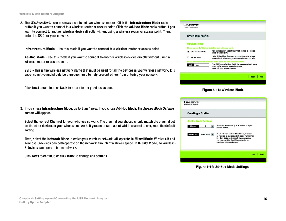 Figure 4-18: wireless mode, Figure 4-19: ad-hoc mode settings | Linksys WUSB54G User Manual | Page 23 / 76