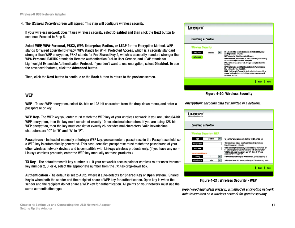Figure 4-20: wireless security, Figure 4-21: wireless security - wep | Linksys WUSB54G User Manual | Page 24 / 76