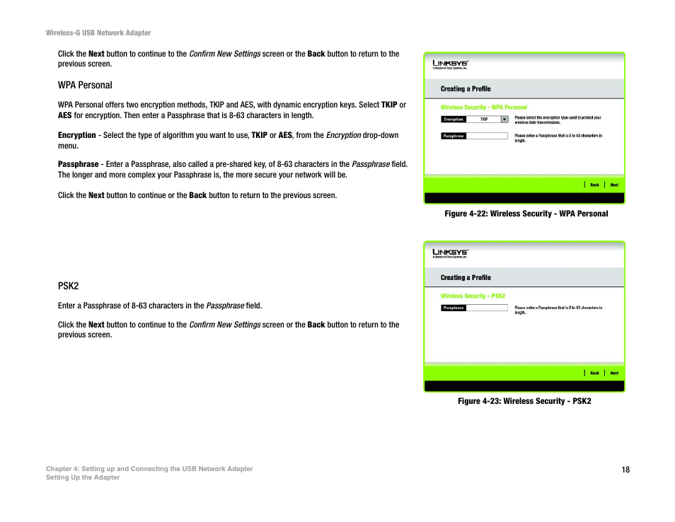 Figure 4-22: wireless security - wpa personal, Figure 4-23: wireless security - psk2 | Linksys WUSB54G User Manual | Page 25 / 76