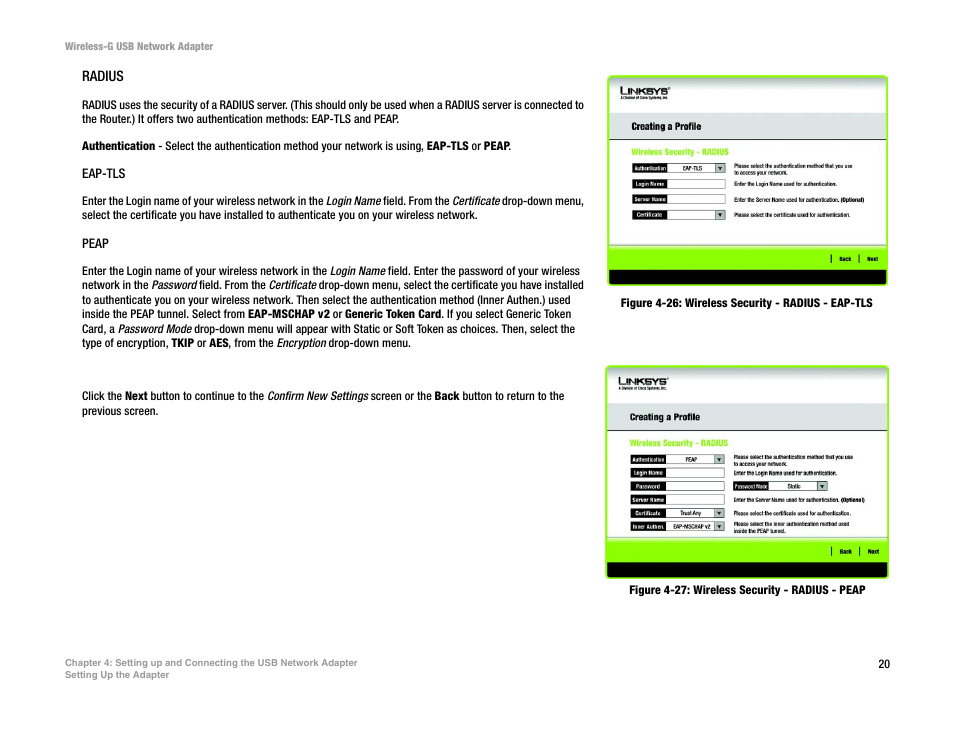 Figure 4-26: wireless security - radius - eap-tls, Figure 4-27: wireless security - radius - peap | Linksys WUSB54G User Manual | Page 27 / 76