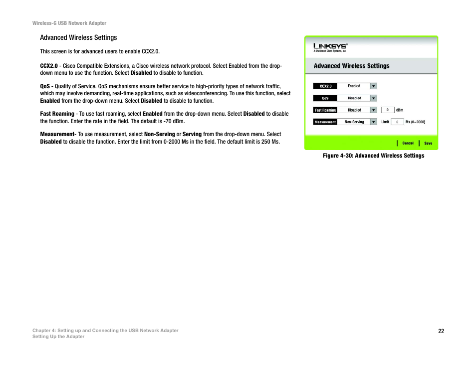Figure 4-30: advanced wireless settings | Linksys WUSB54G User Manual | Page 29 / 76