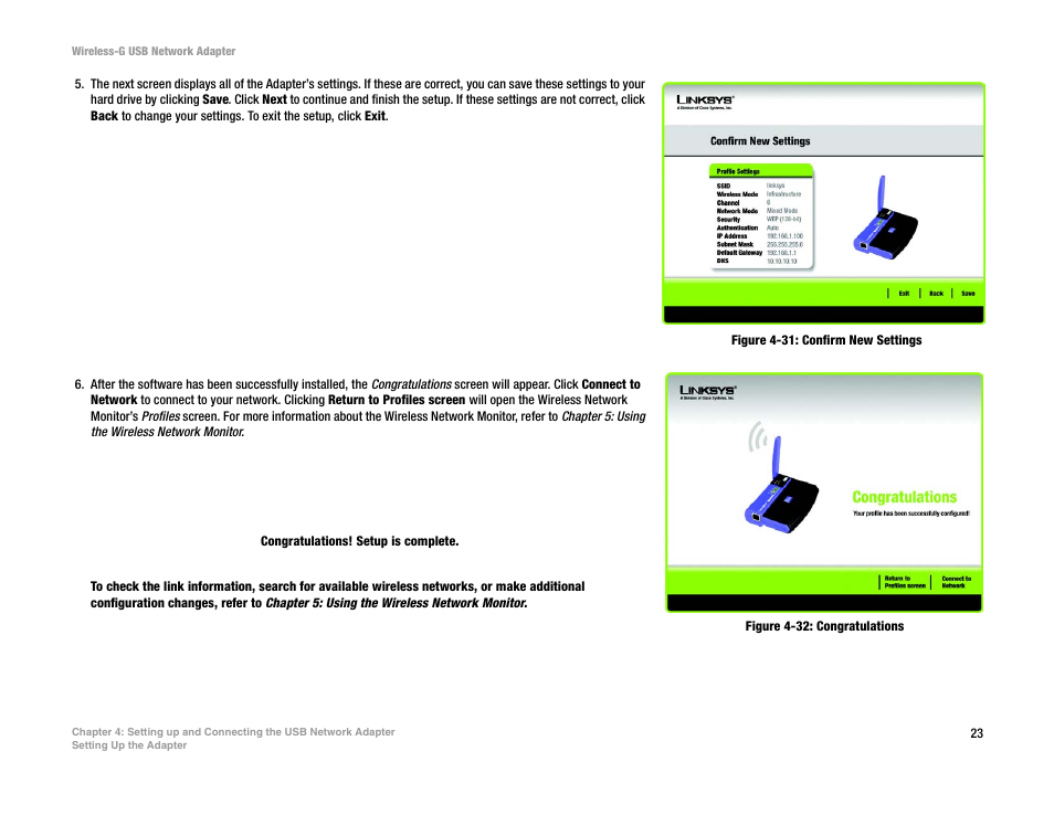 Figure 4-31: confirm new settings, Figure 4-32: congratulations | Linksys WUSB54G User Manual | Page 30 / 76
