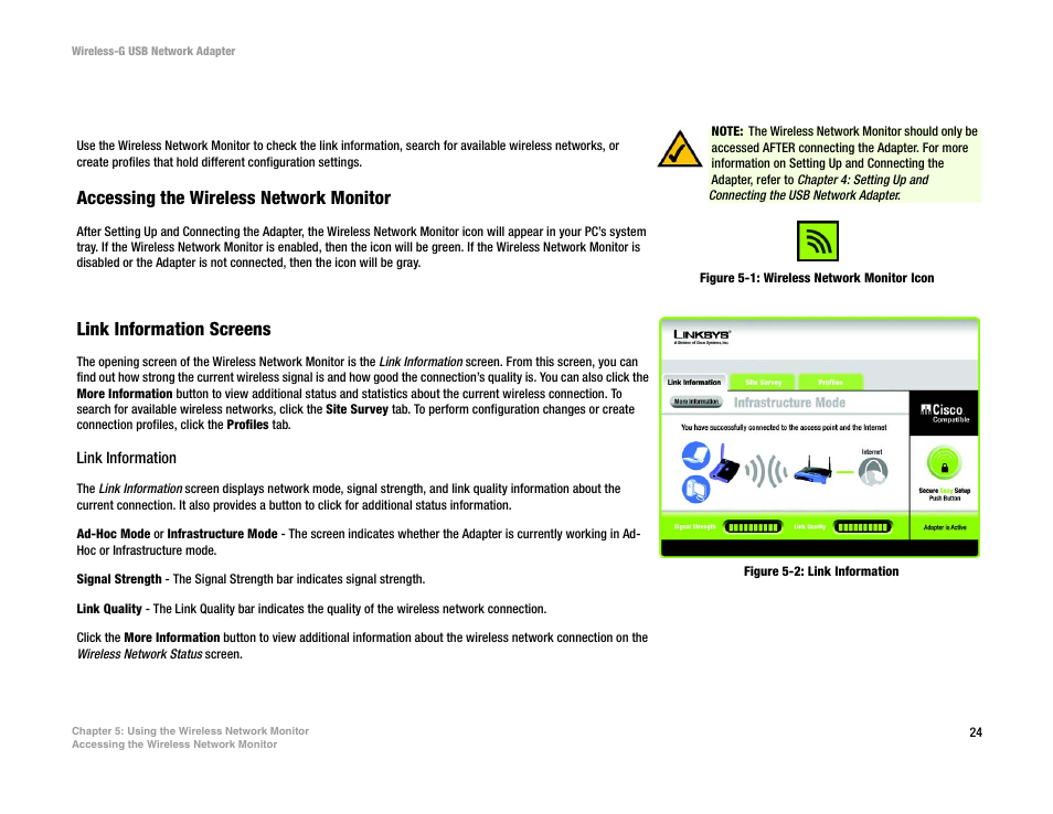 Chapter 5: using the wireless network monitor, Accessing the wireless network monitor, Link information screens | Figure 5-1: wireless network monitor icon, Figure 5-2: link information | Linksys WUSB54G User Manual | Page 31 / 76