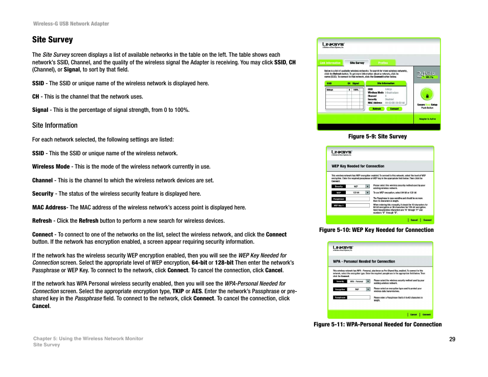 Figure 5-9: site survey, Figure 5-10: wep key needed for connection, Figure 5-11: wpa-personal needed for connection | Site survey | Linksys WUSB54G User Manual | Page 36 / 76
