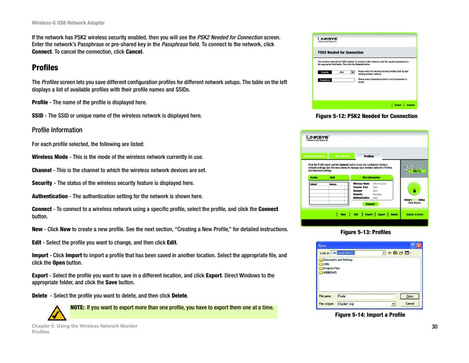 Profiles, Figure 5-12: psk2 needed for connection, Figure 5-13: profiles | Figure 5-14: import a profile | Linksys WUSB54G User Manual | Page 37 / 76