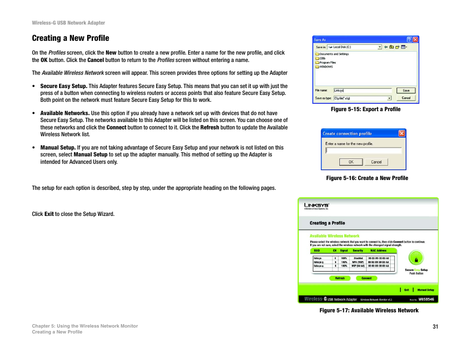 Creating a new profile, Figure 5-15: export a profile, Figure 5-16: create a new profile | Figure 5-17: available wireless network | Linksys WUSB54G User Manual | Page 38 / 76