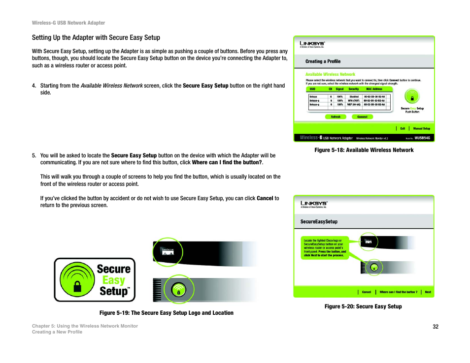 Figure 5-18: available wireless network, Figure 5-20: secure easy setup | Linksys WUSB54G User Manual | Page 39 / 76