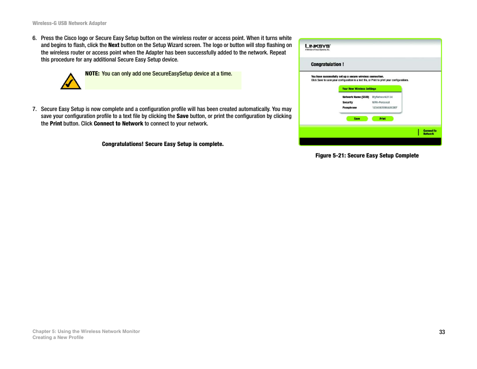 Figure 5-21: secure easy setup complete | Linksys WUSB54G User Manual | Page 40 / 76