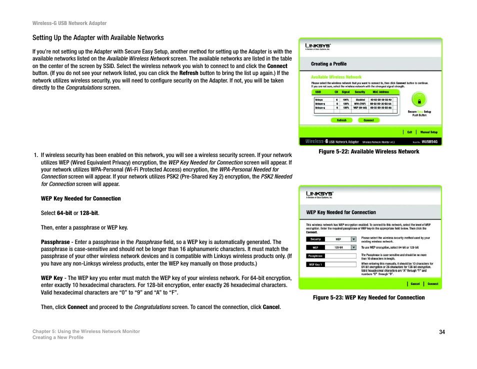 Figure 5-22: available wireless network, Figure 5-23: wep key needed for connection | Linksys WUSB54G User Manual | Page 41 / 76