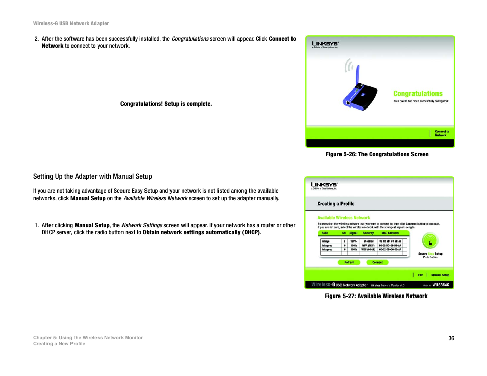 Figure 5-26: the congratulations screen, Figure 5-27: available wireless network | Linksys WUSB54G User Manual | Page 43 / 76