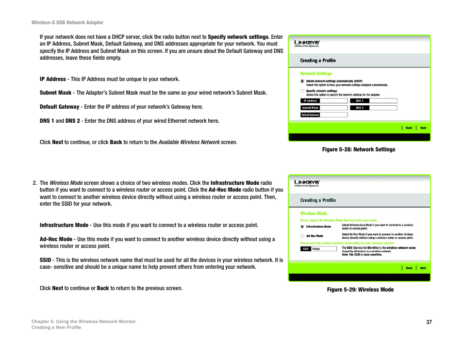 Figure 5-28: network settings, Figure 5-29: wireless mode | Linksys WUSB54G User Manual | Page 44 / 76