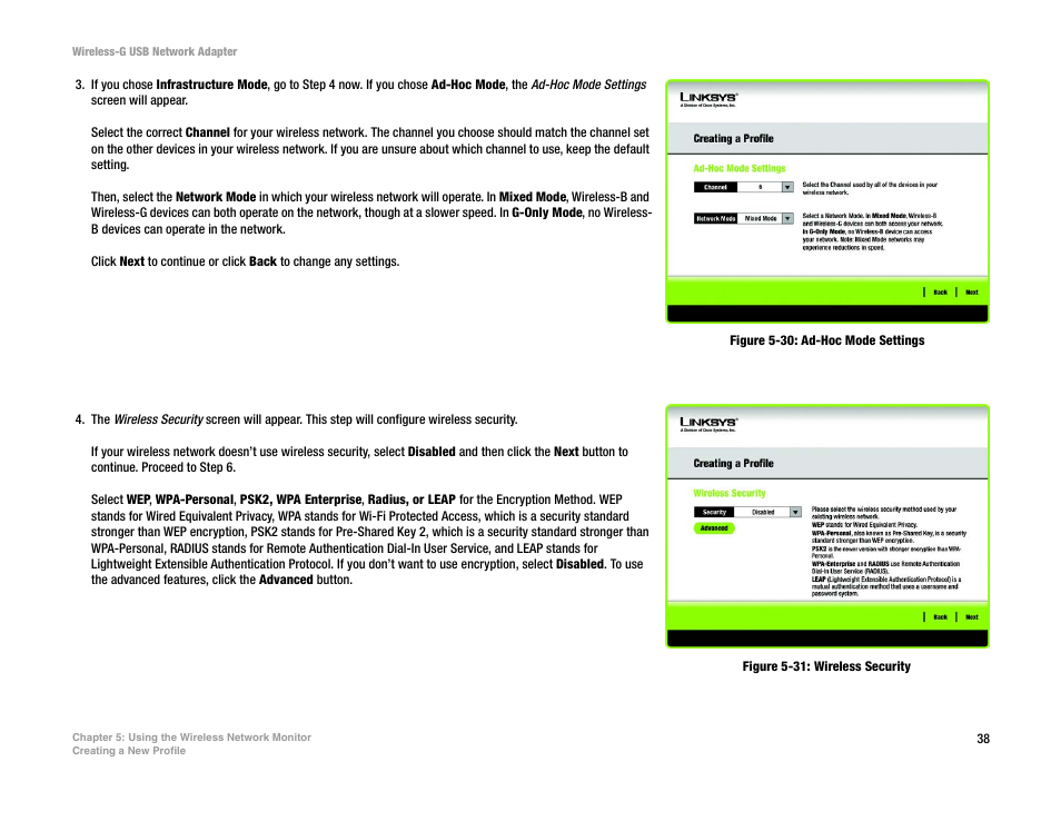 Figure 5-30: ad-hoc mode settings, Figure 5-31: wireless security | Linksys WUSB54G User Manual | Page 45 / 76