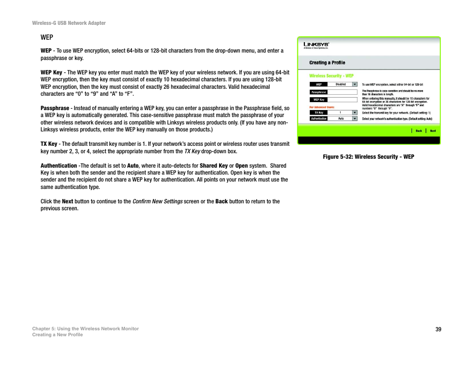 Figure 5-32: wireless security - wep | Linksys WUSB54G User Manual | Page 46 / 76
