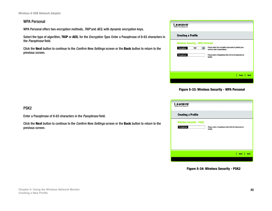 Figure 5-33: wireless security - wpa personal, Figure 5-34: wireless security - psk2 | Linksys WUSB54G User Manual | Page 47 / 76