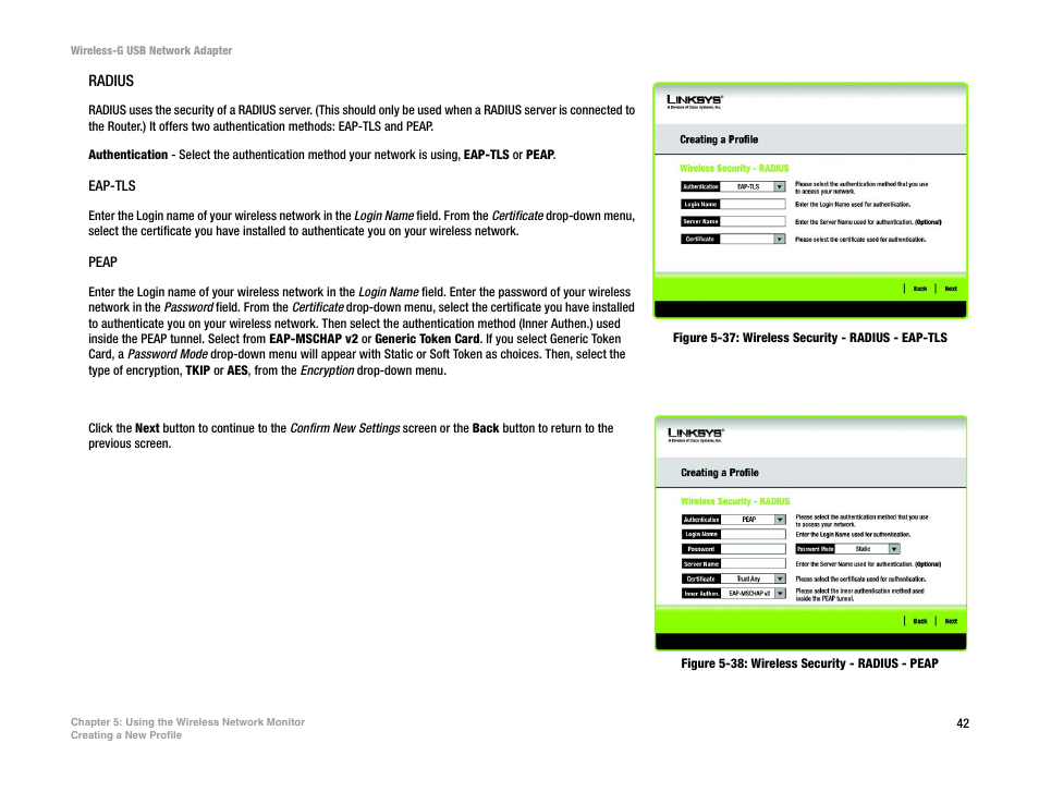 Figure 5-37: wireless security - radius - eap-tls, Figure 5-38: wireless security - radius - peap | Linksys WUSB54G User Manual | Page 49 / 76