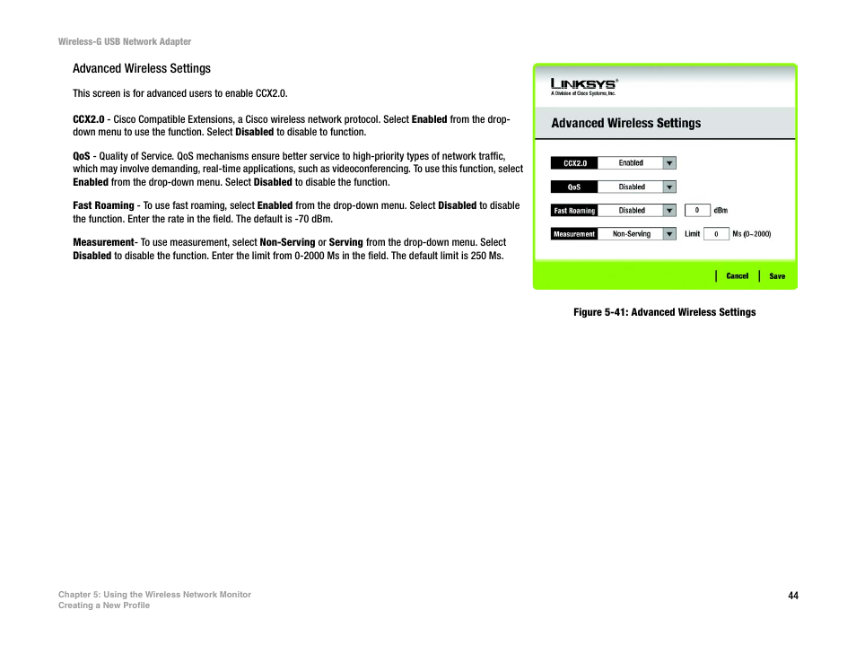 Figure 5-41: advanced wireless settings | Linksys WUSB54G User Manual | Page 51 / 76