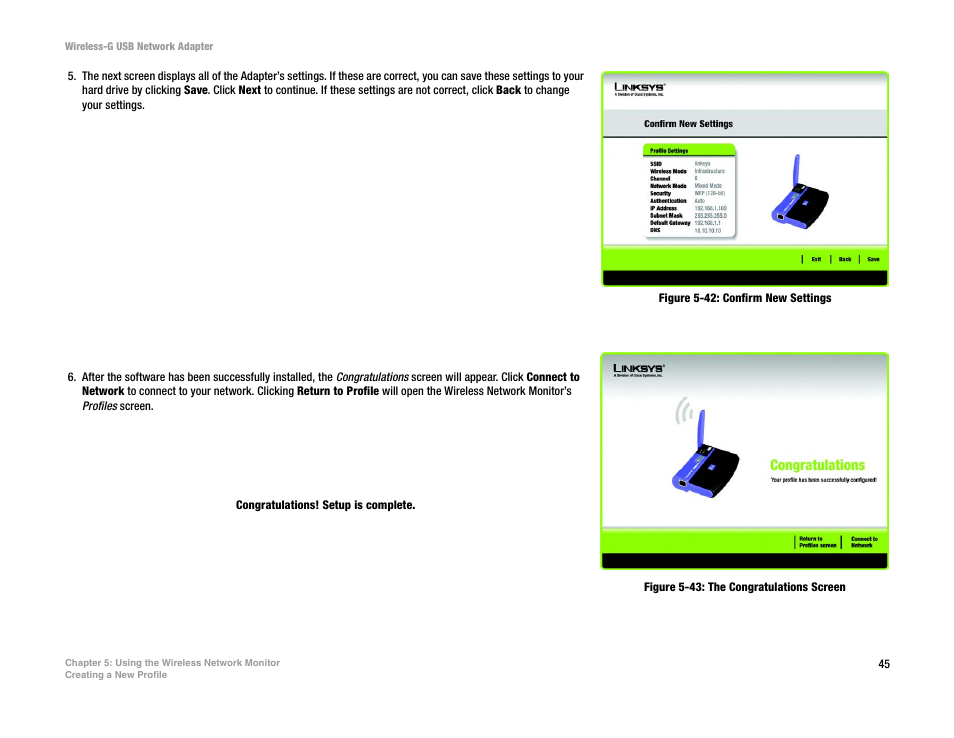 Figure 5-42: confirm new settings, Figure 5-43: the congratulations screen | Linksys WUSB54G User Manual | Page 52 / 76