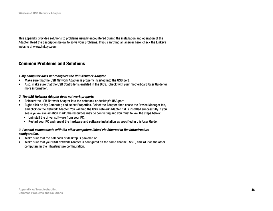 Appendix a: troubleshooting, Common problems and solutions | Linksys WUSB54G User Manual | Page 53 / 76